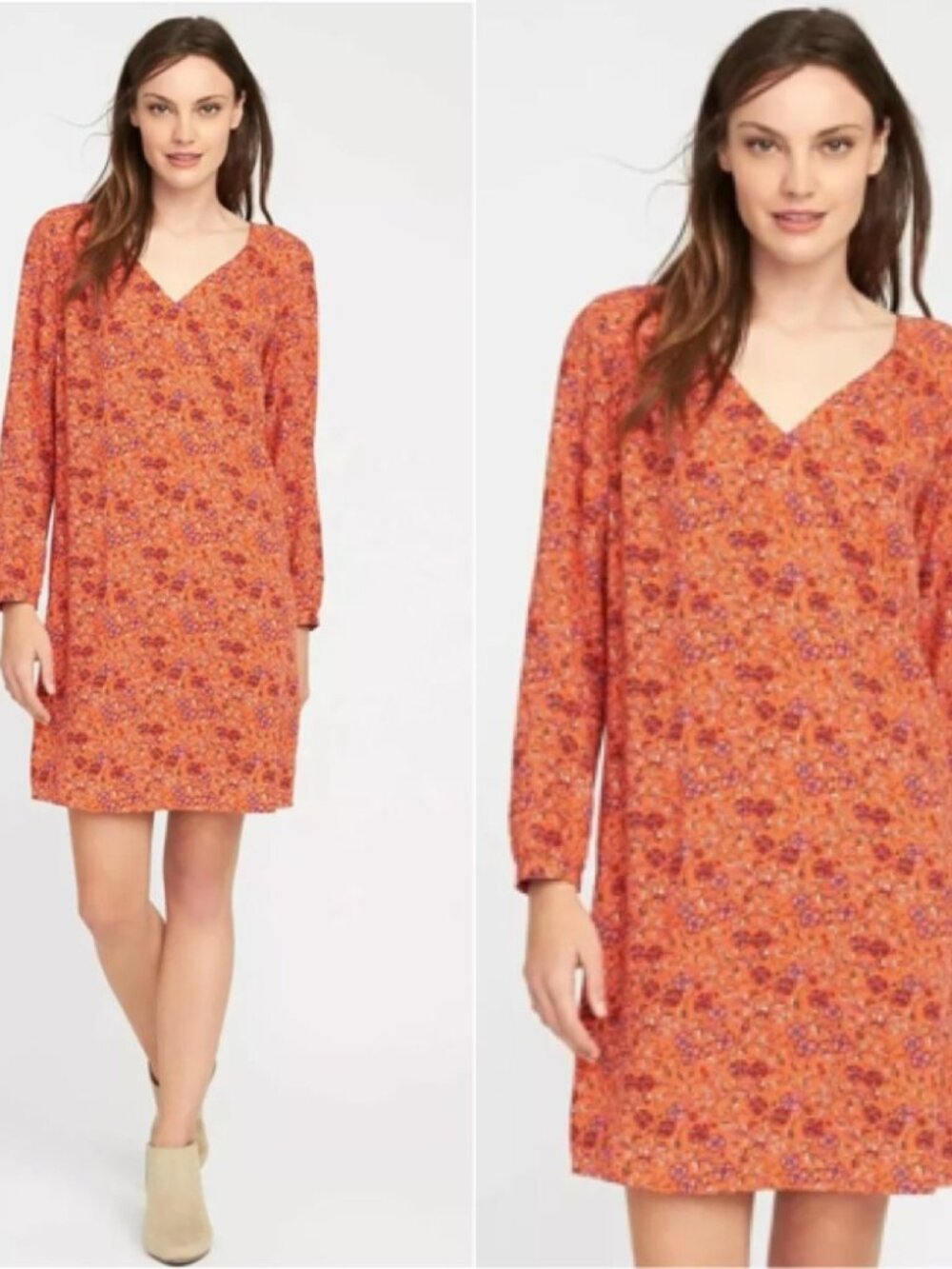 Old Navy NWT Orange Floral Smocked-Yoke Longe Sleeve V-neck Shift Dress